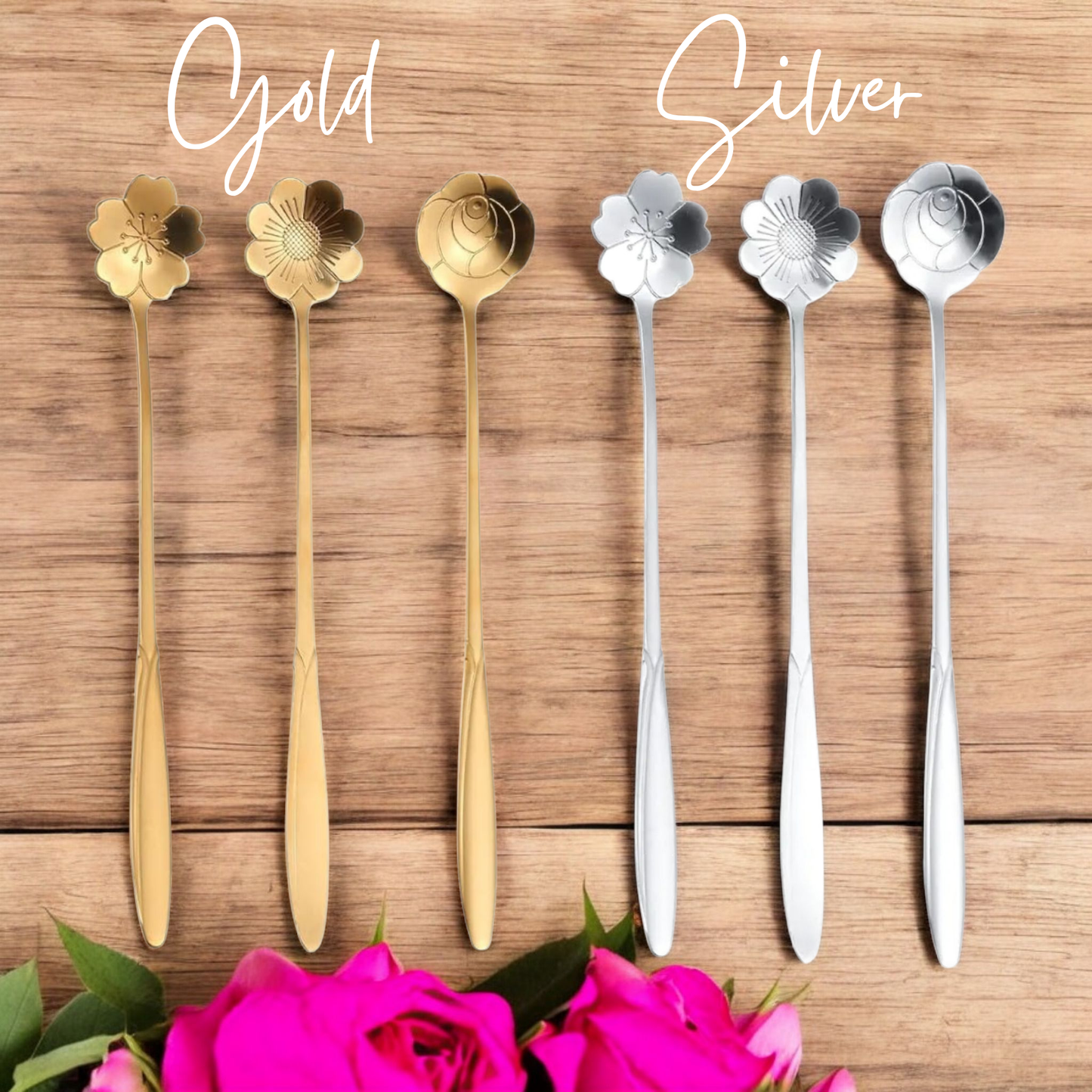 Long Dainty Flower Teaspoon Set - 3 Floral Teaspoons - 7 in