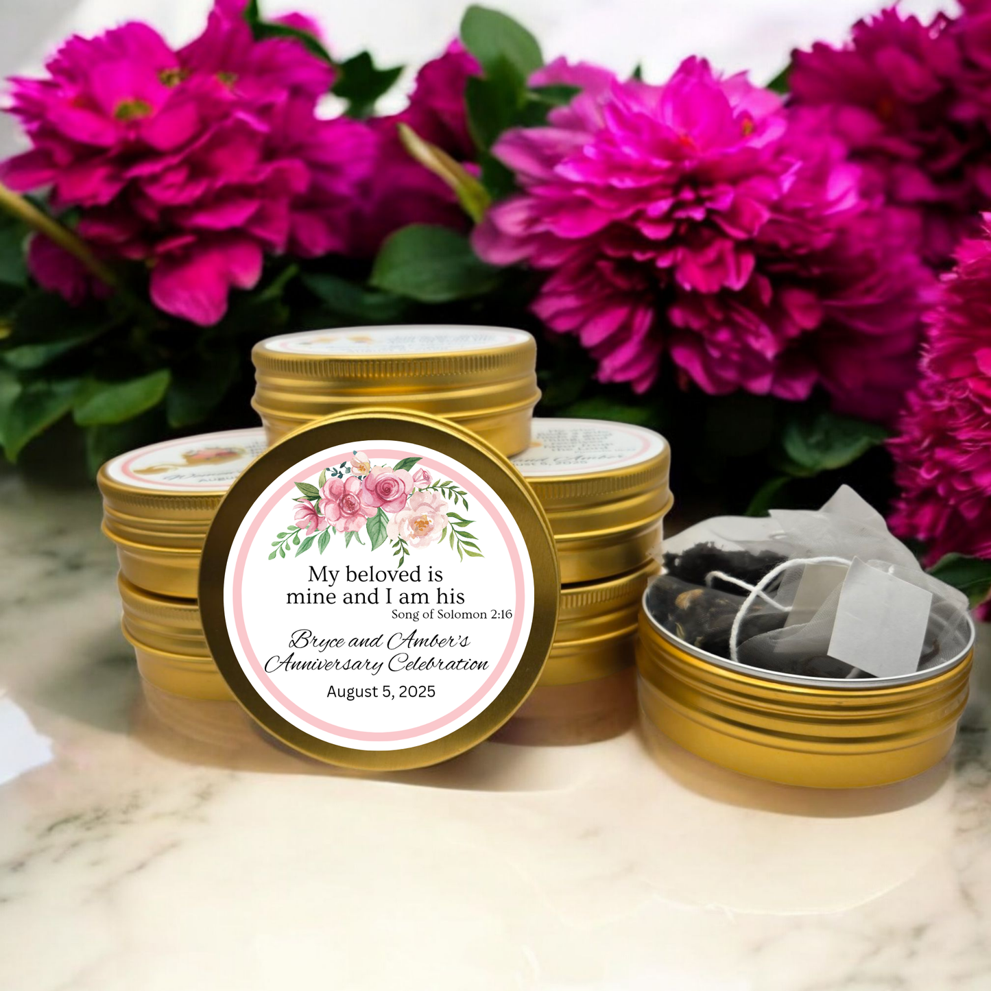 Top Floral Wedding Engagement Party Bible Verse Tin Tea Favor (Set of 10)