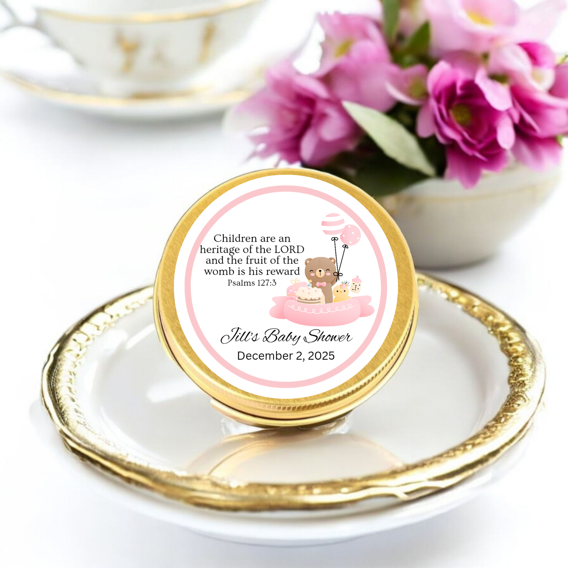 Custom Round Label Scripture Verse Design Beautiful Teddy Bear Artwork Religious Celebration Favor Tea Party Baby Shower Essential