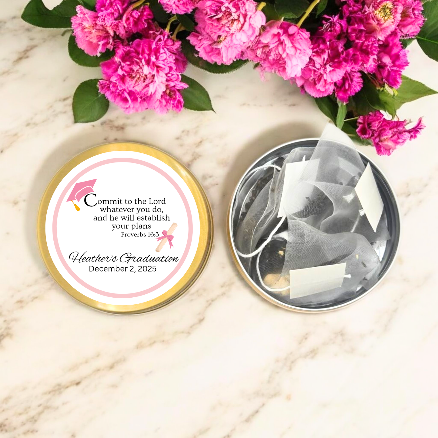 Cap and Scroll Graduation Bible Verse Tin Tea Party Favor (Set of 10)
