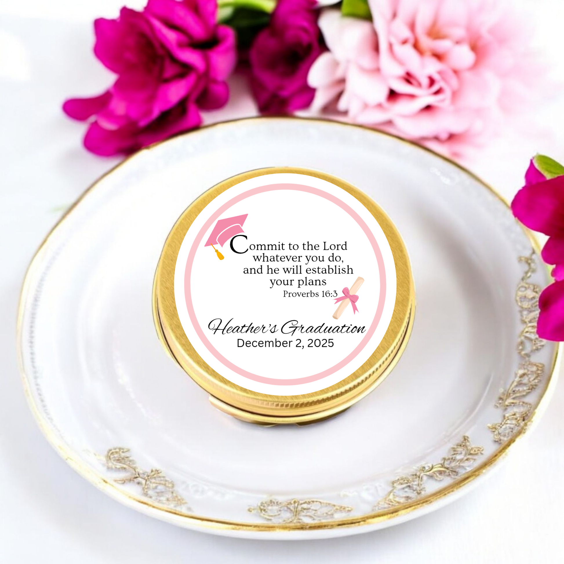 Graduation Party Tea Favor Set Gold Mason Jar Collection Faith-Filled Message Premium Tea Selection Beautiful Party Essential Custom Label Design Elegant Gift Package Special Celebration Keepsake Meaningful Party Favor