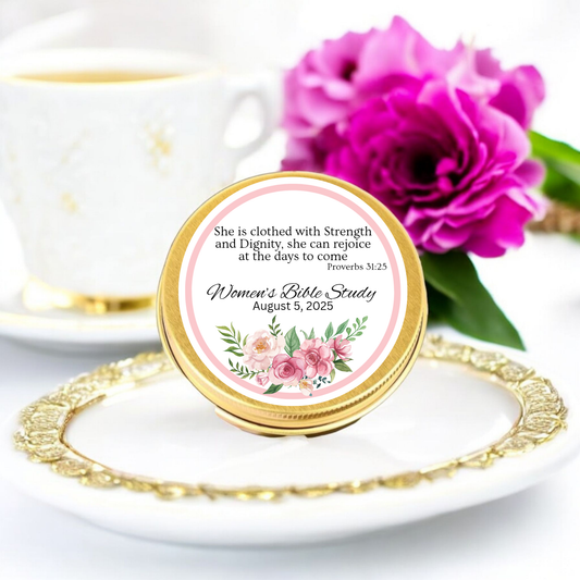 Custom Tea Party Label Tea tin Design Round Sticker Collection Gold Teapot Accent Pink Rose Pattern Bible Verse Message Special Event Tag Personalized Details Beautiful Gathering Favor Premium Quality Print Elegant Style Collection