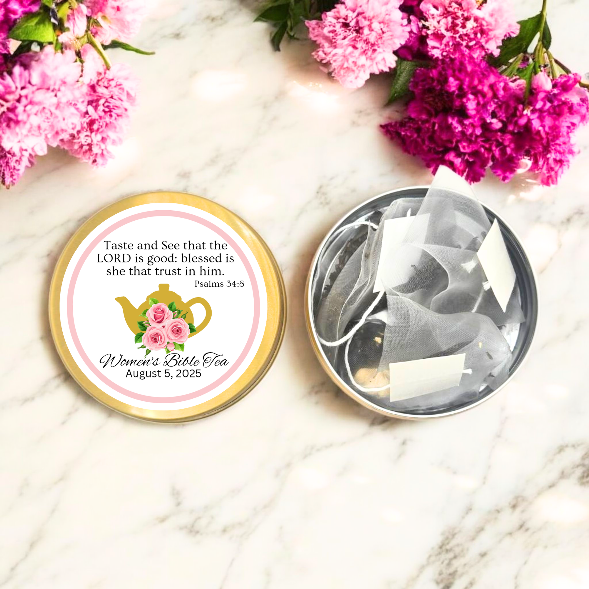 teapot floral detail, detail tea tin, tea tin lid label, label prayer gathering, gathering tea station