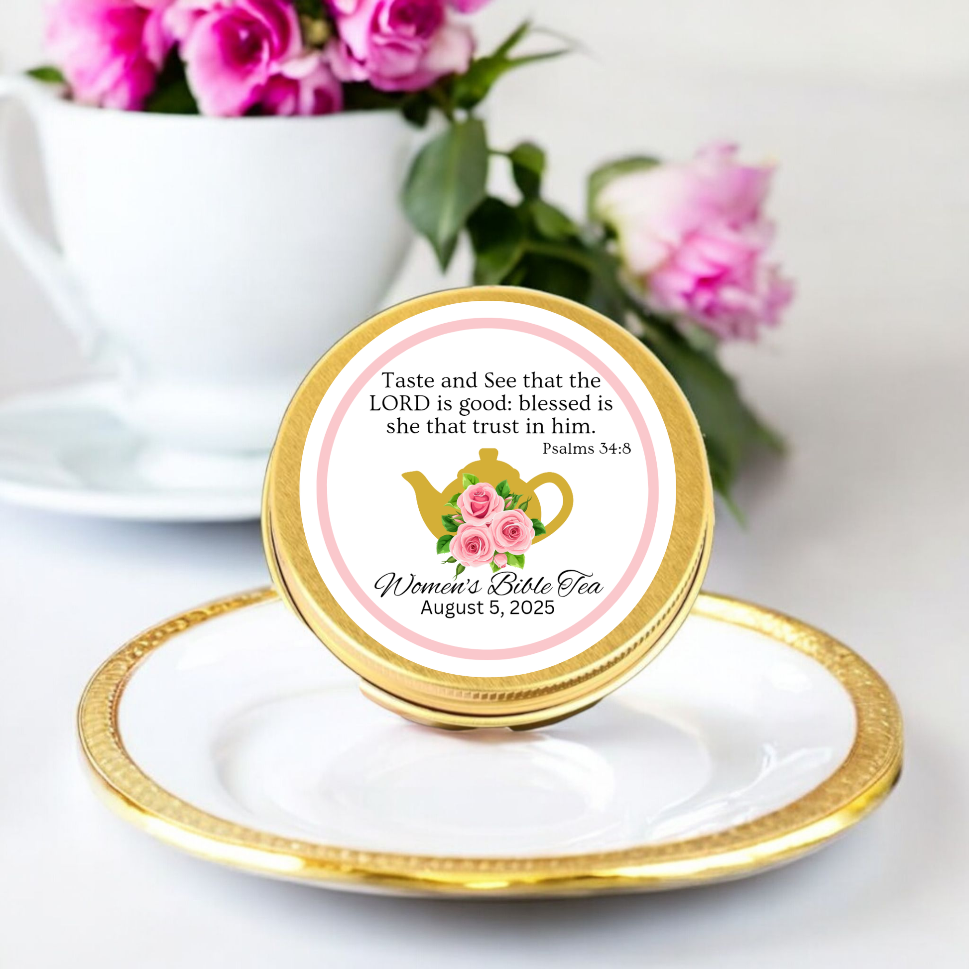 text bible decor, decor tea station, bible tea party, party favor tag, tag custom design, design round sticker, sticker bible verse, verse celebration decor, decor gold teapot