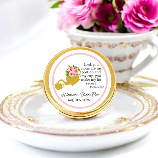 Round Label Design Tea Tin Collection Tea Party Essential Gold Teapot Pattern Pink Floral Accent Custom Text Option Beautiful Faith Inspired Gathering Favor Premium Quality Print Event Date Name Personalization Details