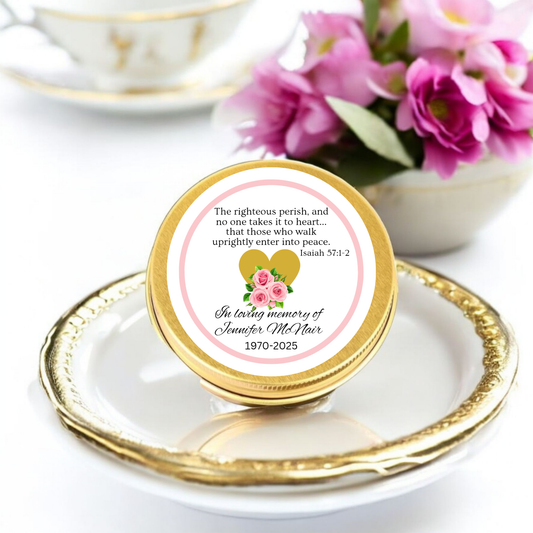 memorial tea tin, tin container personalized, personalized sympathy gift, gift for funeral, funeral comfort package, package with prayer, prayer verse keepsake, keepsake box bible