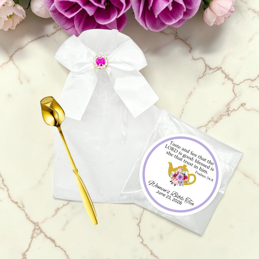 Rose Flower Teaspoon Favors with Bible Verse Tea Bags (Set of 8)