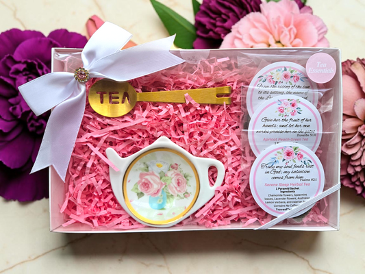 Steep and Serve Tea Bag Dish and Tongs Tea Sampler Set with Scripture Tea Bags