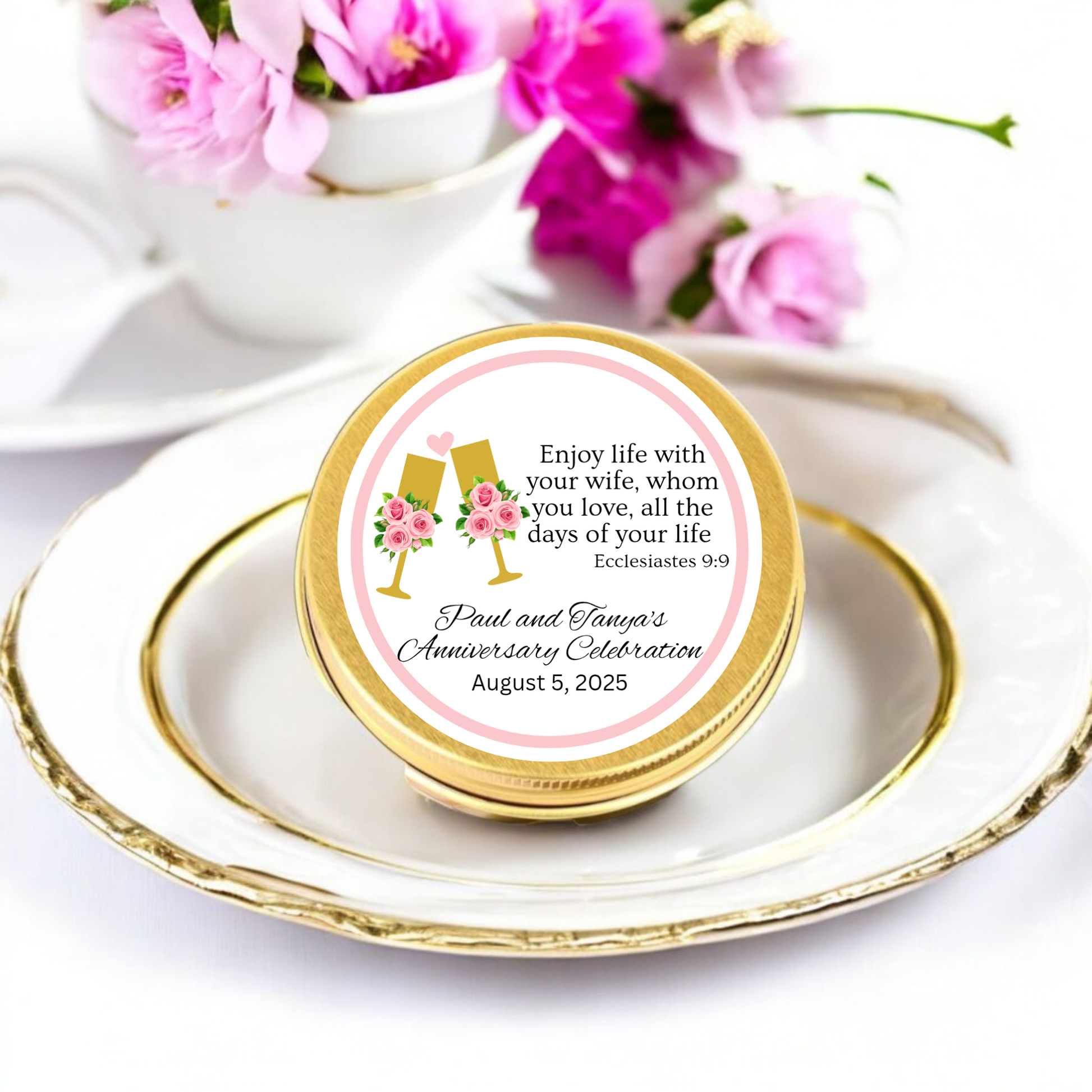 Bible Based Scripture Based Faith Filled Personalized Tea Tin Wedding Favor Set Custom Metal Tin Design Tea Selection  