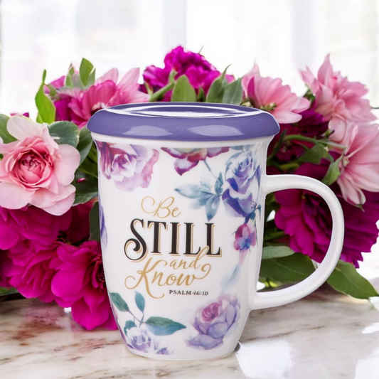 Be Still and Know Mug with lid - Purple Floral