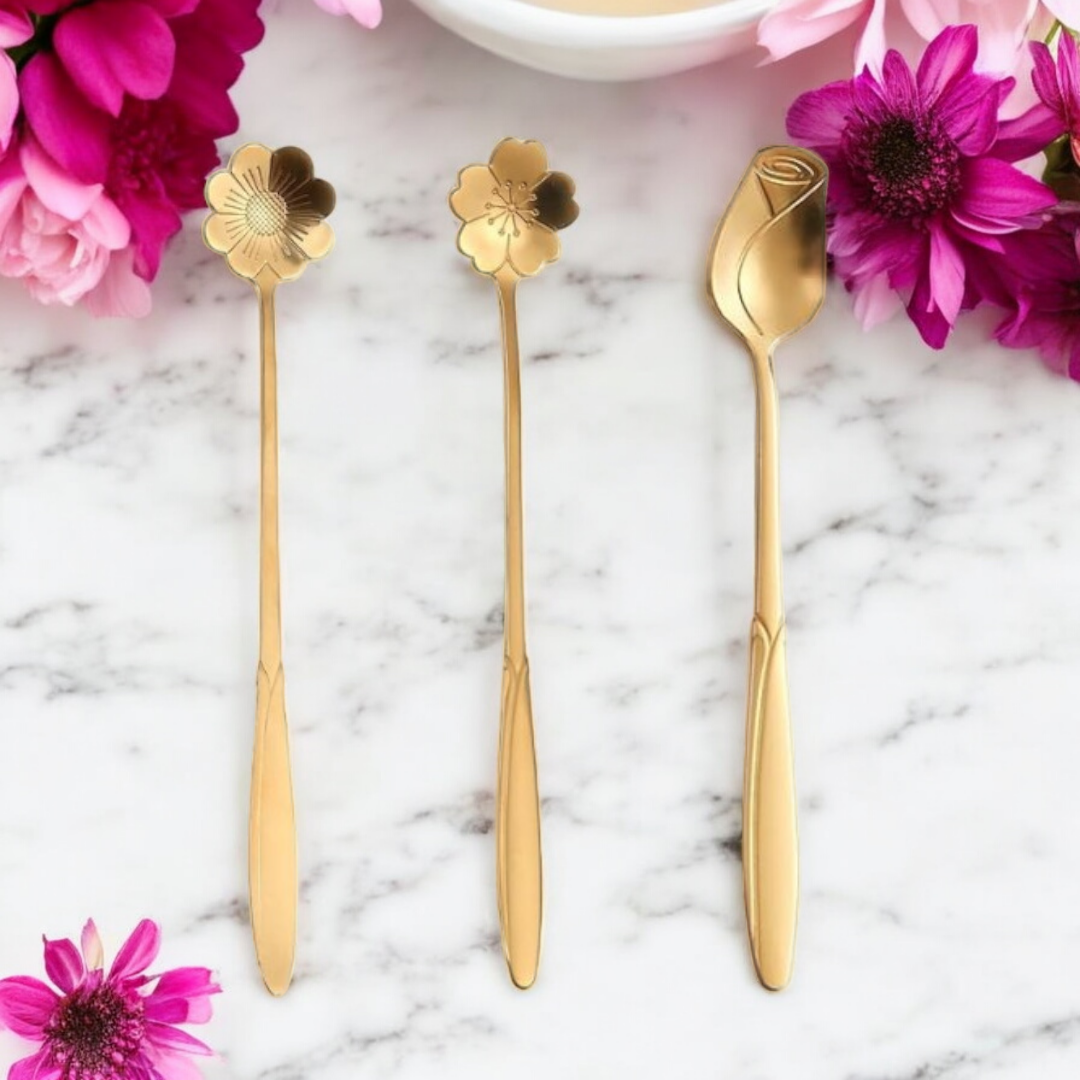 Elegant Long Tea Spoon -Gold Flower Teaspoons