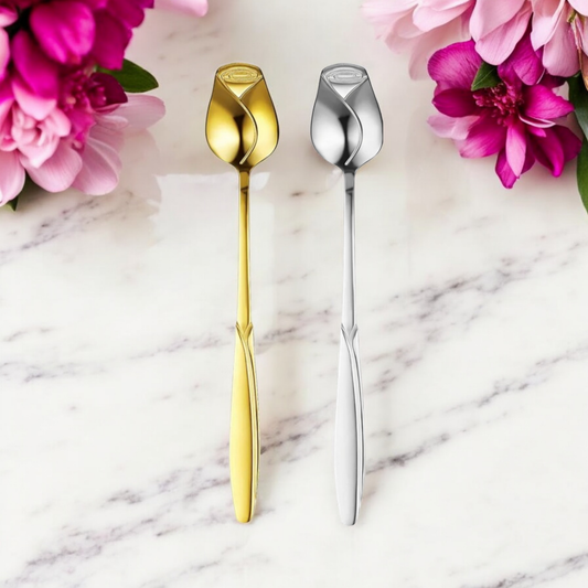 Long Rose Bud Teaspoon Gold or Silver