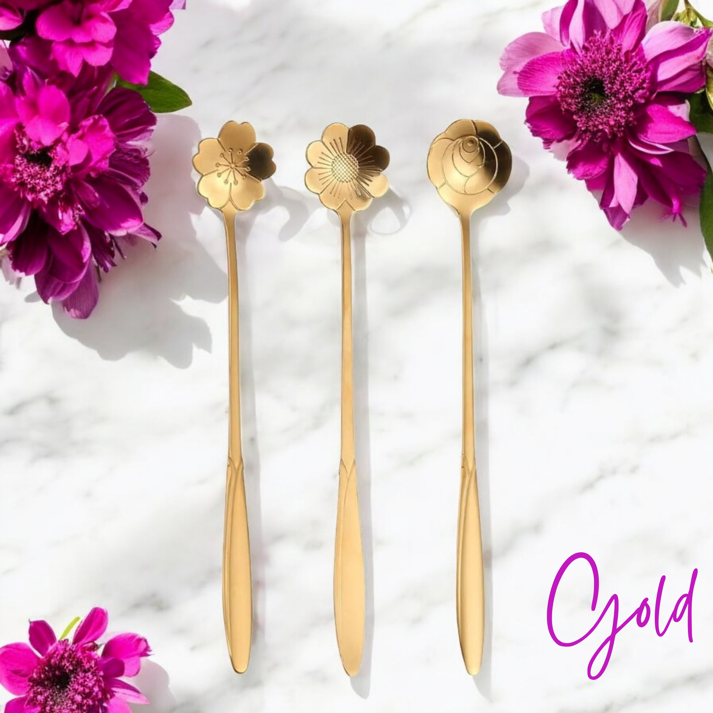 Gold Flower Teaspoon Set - 3 Floral Teaspoons - Trove of Tea