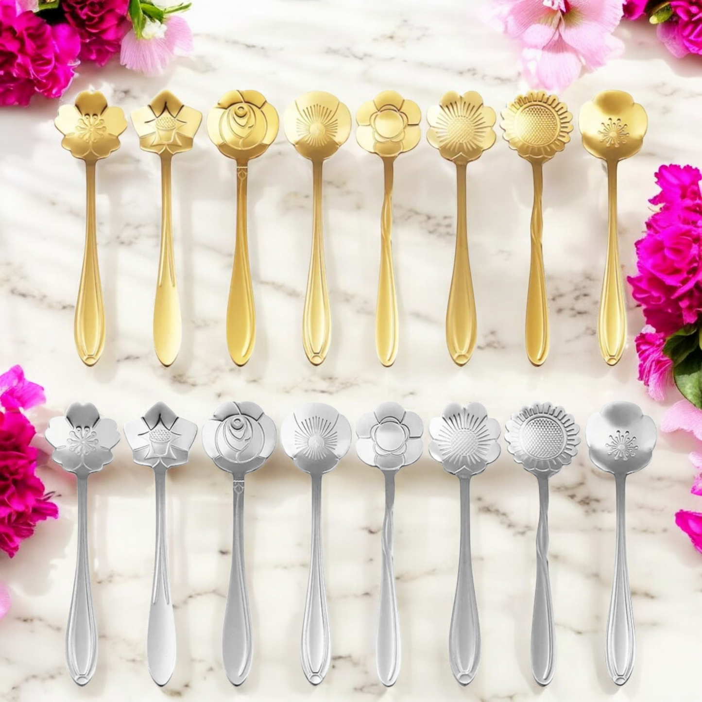 Gold or Silver Short Flower Teaspoons - Teaspoons