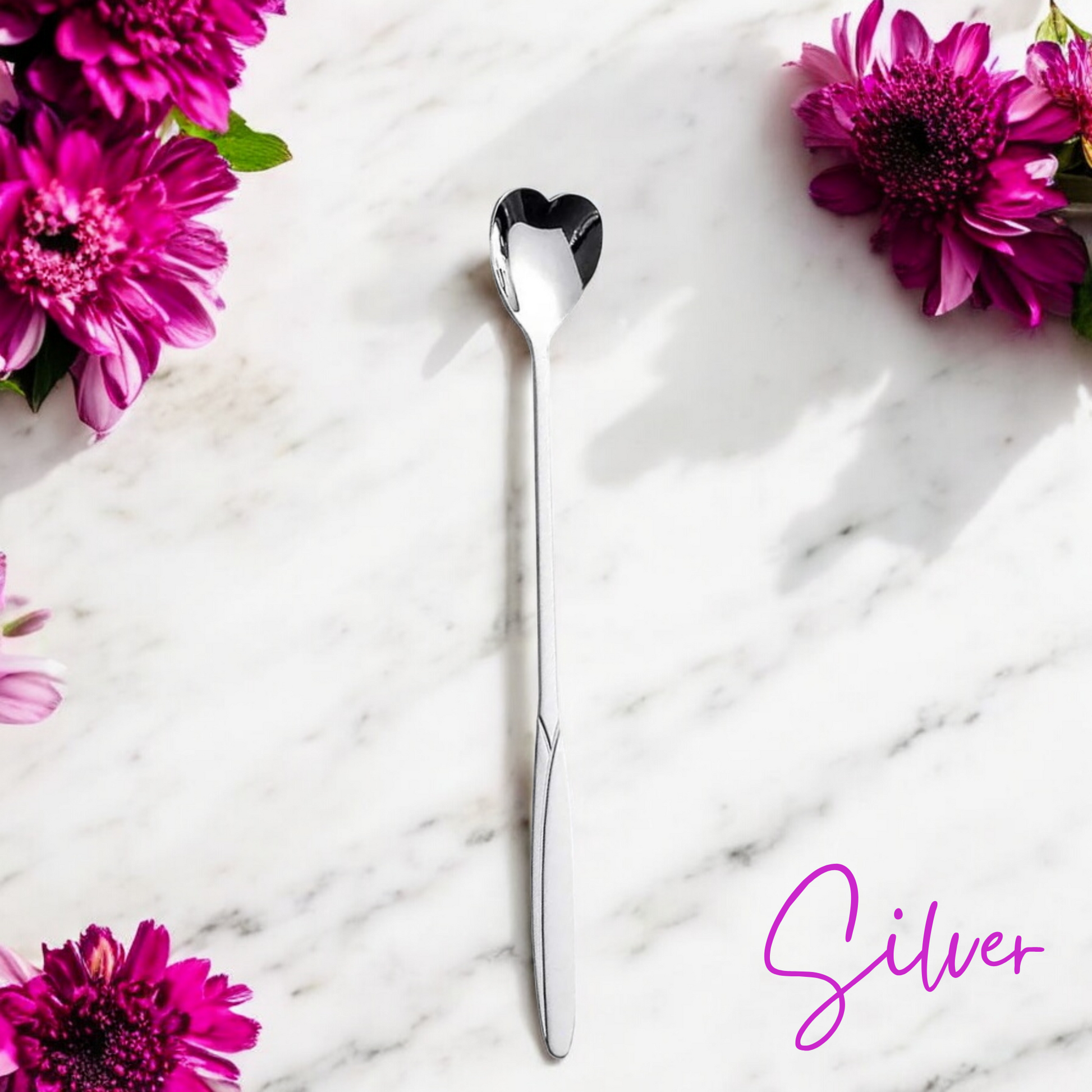 Elegant Long Silver Heart  Teaspoons - Love