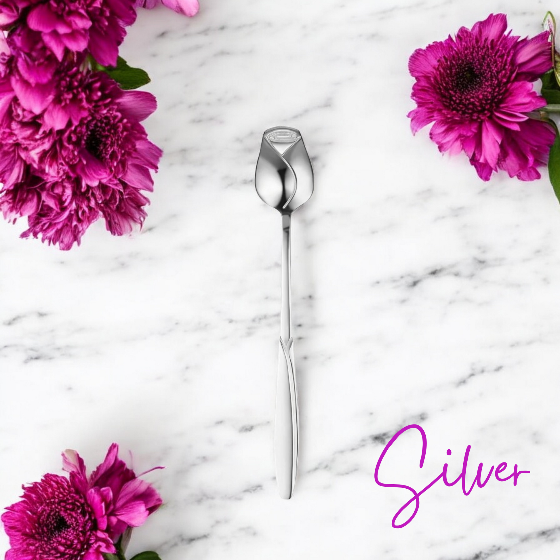 Short Rose Bud Teaspoon in  Silver