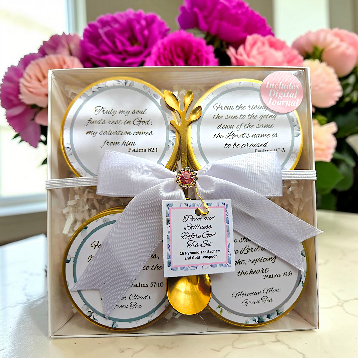 Peace and Stillness Before God Bible Verse Tea Bag Tin Gift Set