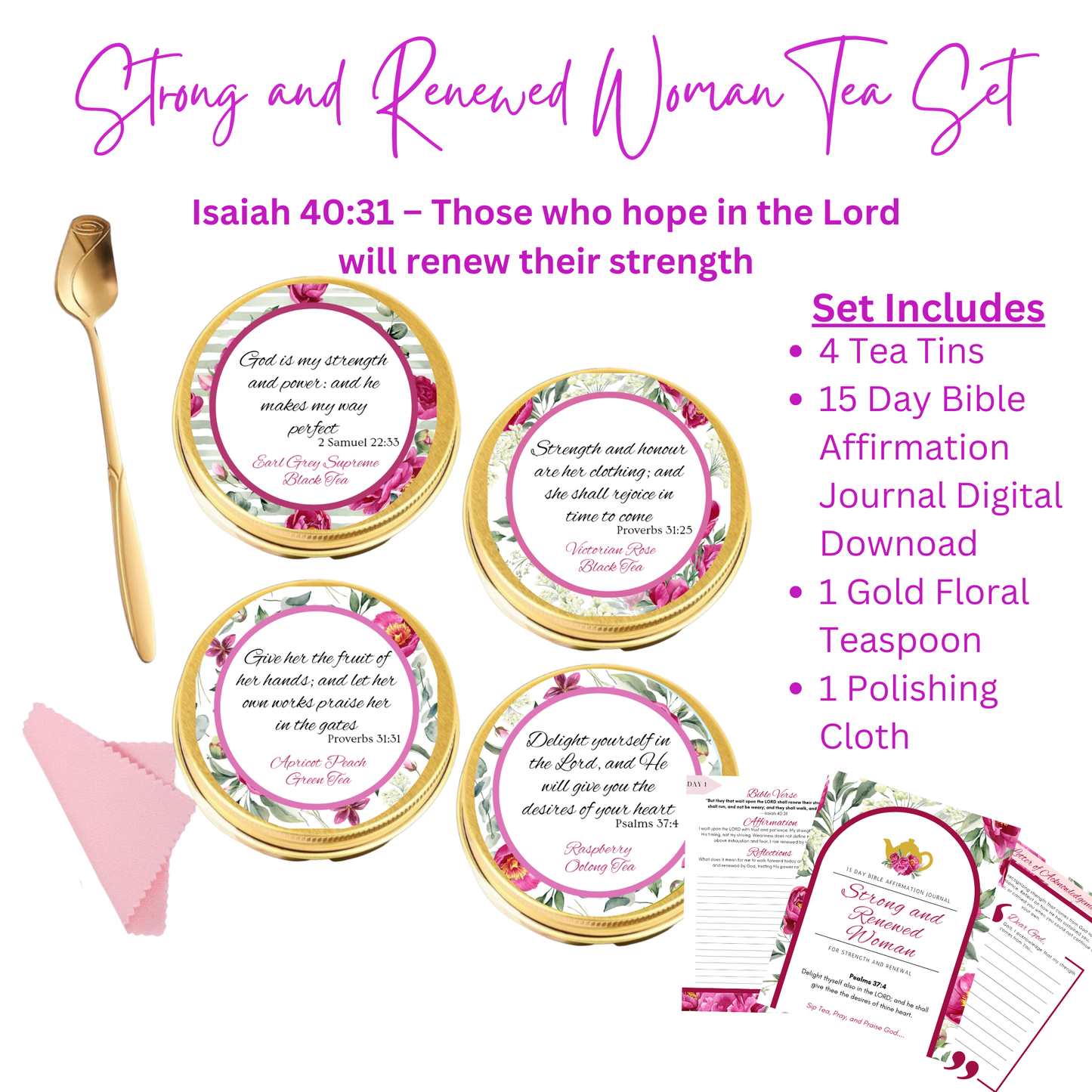 Strong and Renewed Woman Bible Verse Tins of Tea Gift Set