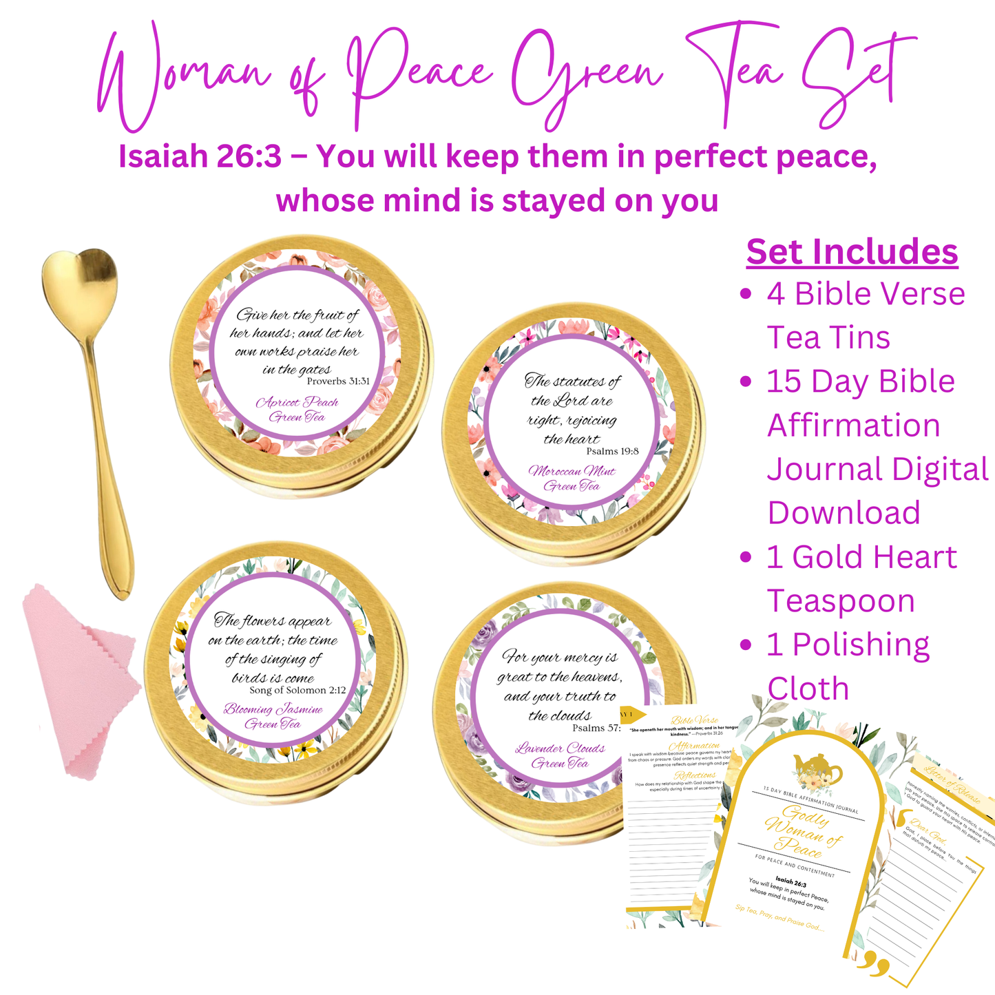 Godly Woman of Peace Green Tea Sampler Gift with Bible Verse Tins of Tea