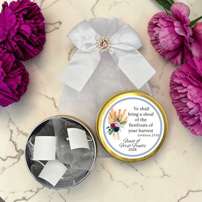 Feast of First Fruits: Scripture Verse Tea in Personalized Round Tins (Set of 10)
