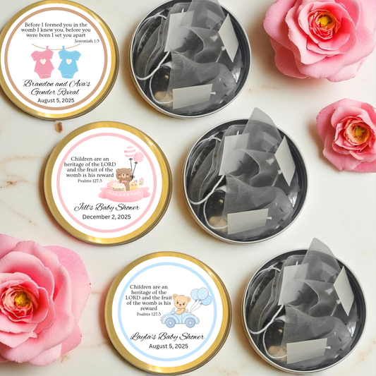 Baby Shower / Gender Reveal Bible Verse Tea Tin Party Favor (Set of 10)