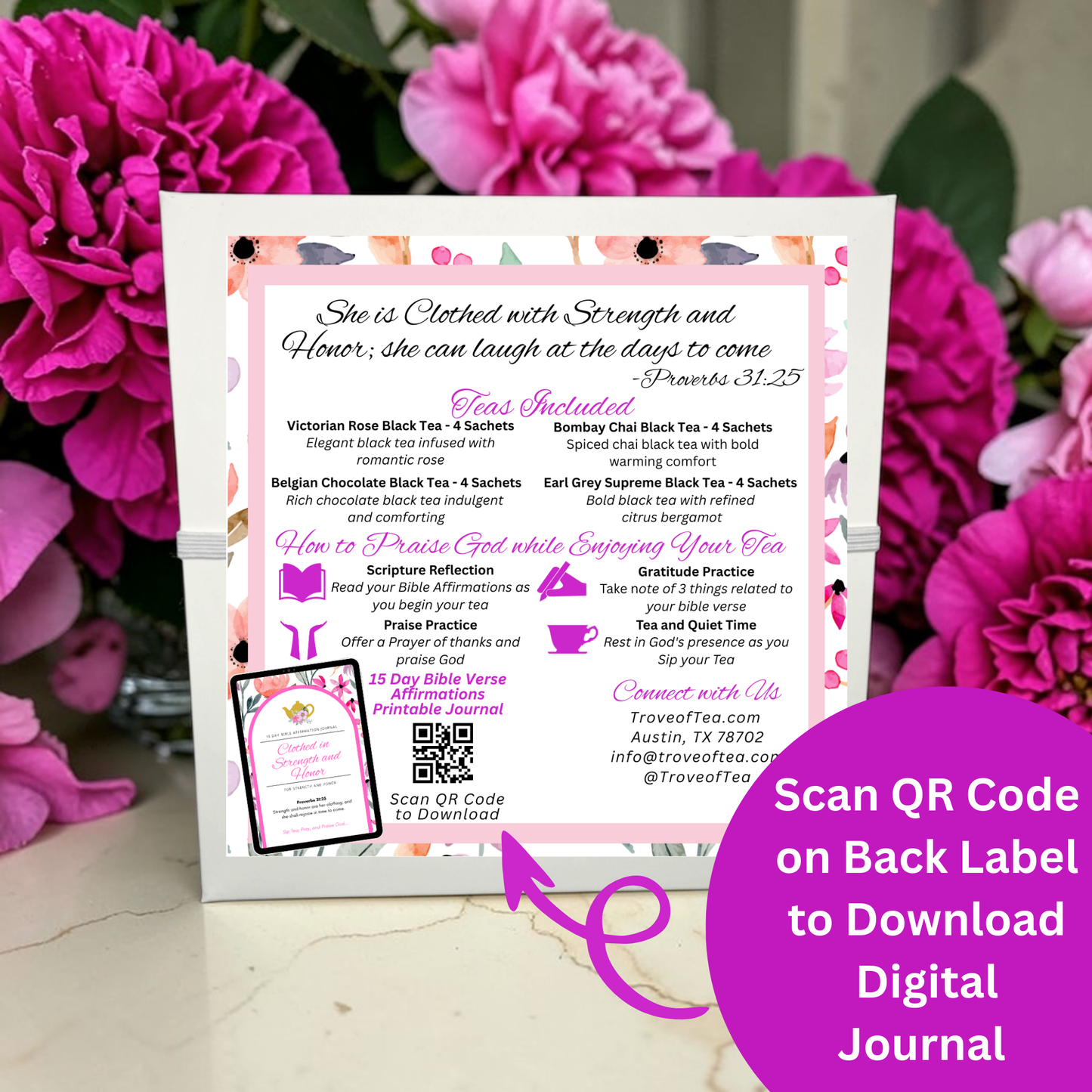 Clothed in Strength and Honor Black Tea Sampler Gift Set with Scripture Tea Bags