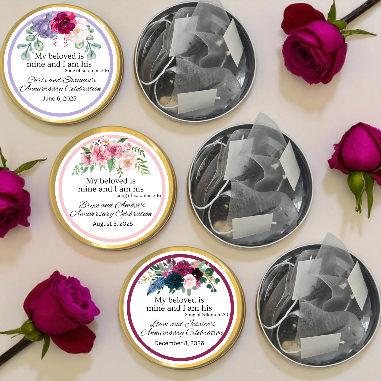 Top Floral Wedding Engagement Party Bible Verse Tin Tea Favor (Set of 10)