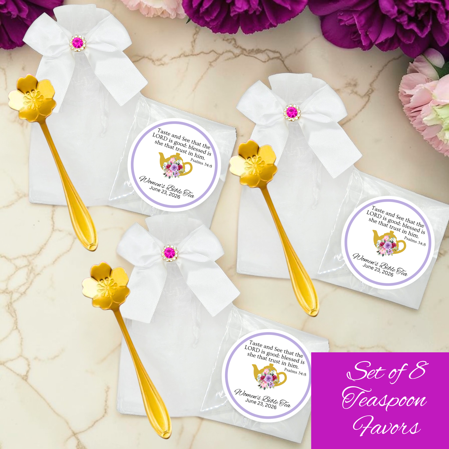 Sakura Flower Teaspoon Favors with Tea and Bible Verses (Set of 8)