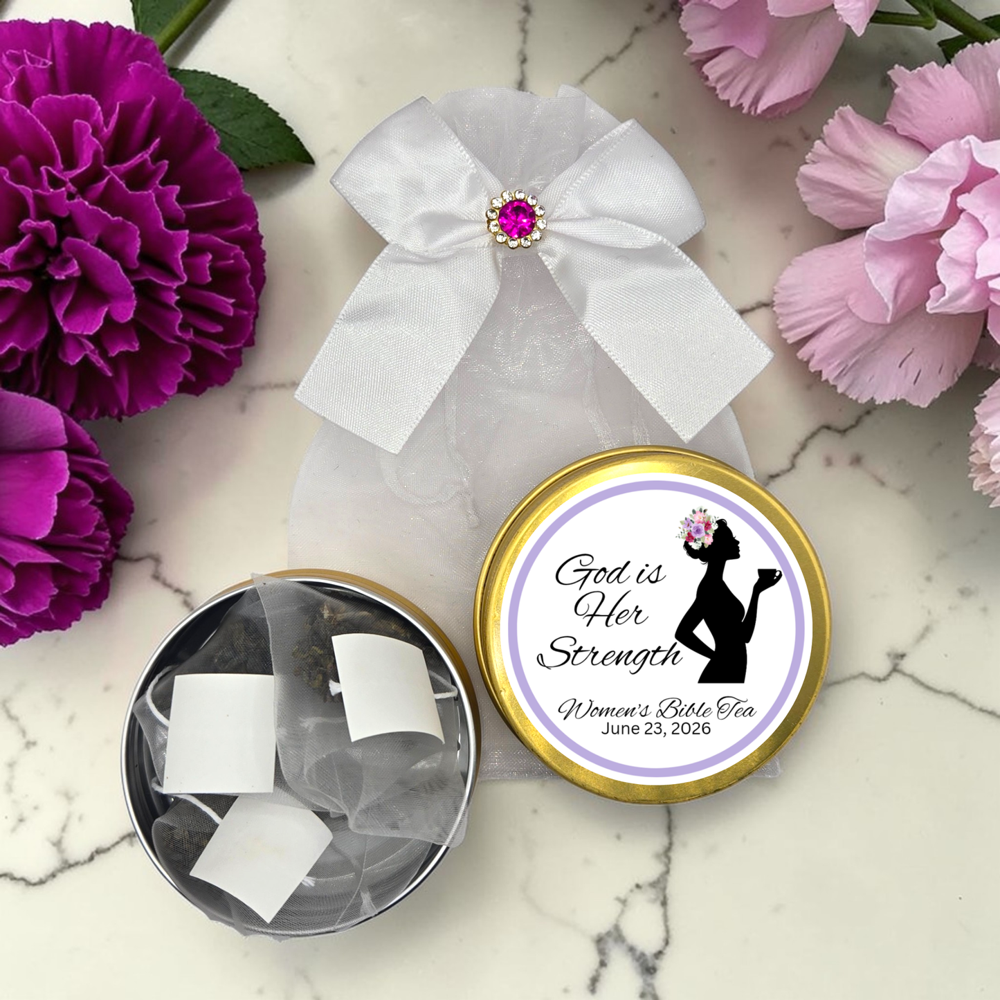 Godly Woman Ladies Prayer Breakfast Biblical Tea Favors in Custom Tea Tins (Set of 10)