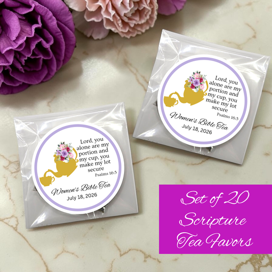Teapot and Teacup Women's Tea Bags with Bible Verses (Set of 20)