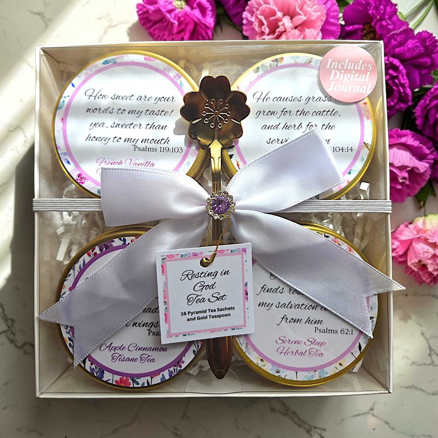 Resting in God Herbal Tea Sampler Gift Set with Scripture Tea Bags