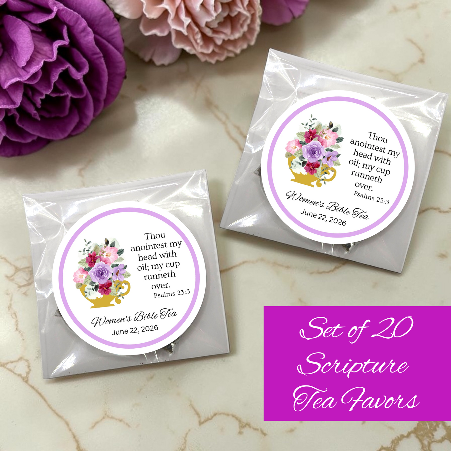 My Cup Runneth Over Bible Tea Bag Favors for Prayer Circle  (Set of 20)