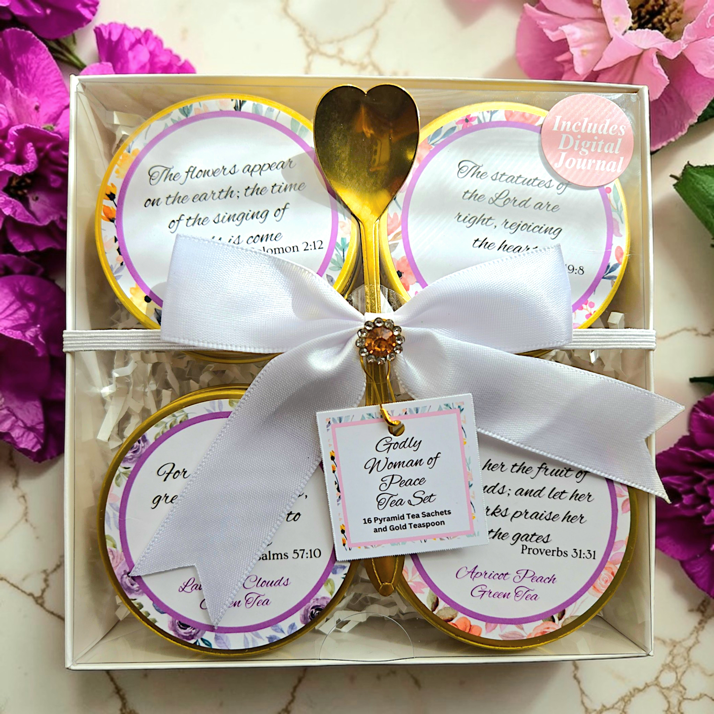 Godly Woman of Peace Green Tea Sampler Gift with Bible Verse Tins of Tea