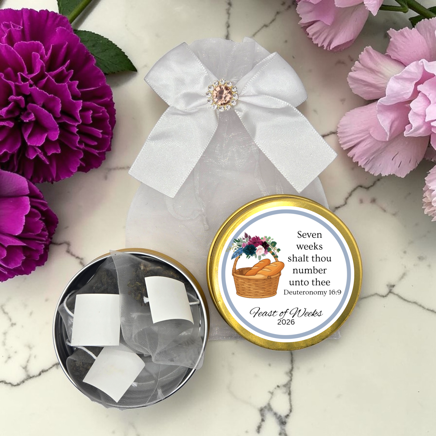 Feast of Weeks: Biblical Scripture Tea Tins for Religious Tea Party Favors (Set of 10)