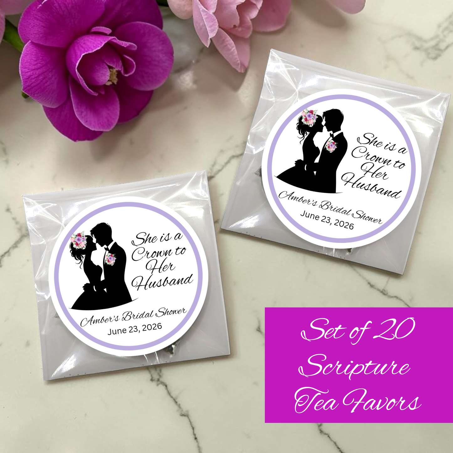 Crown Woman of God Silhouette Bridal Shower Tea Bags with Bible Verses (Set of 20)