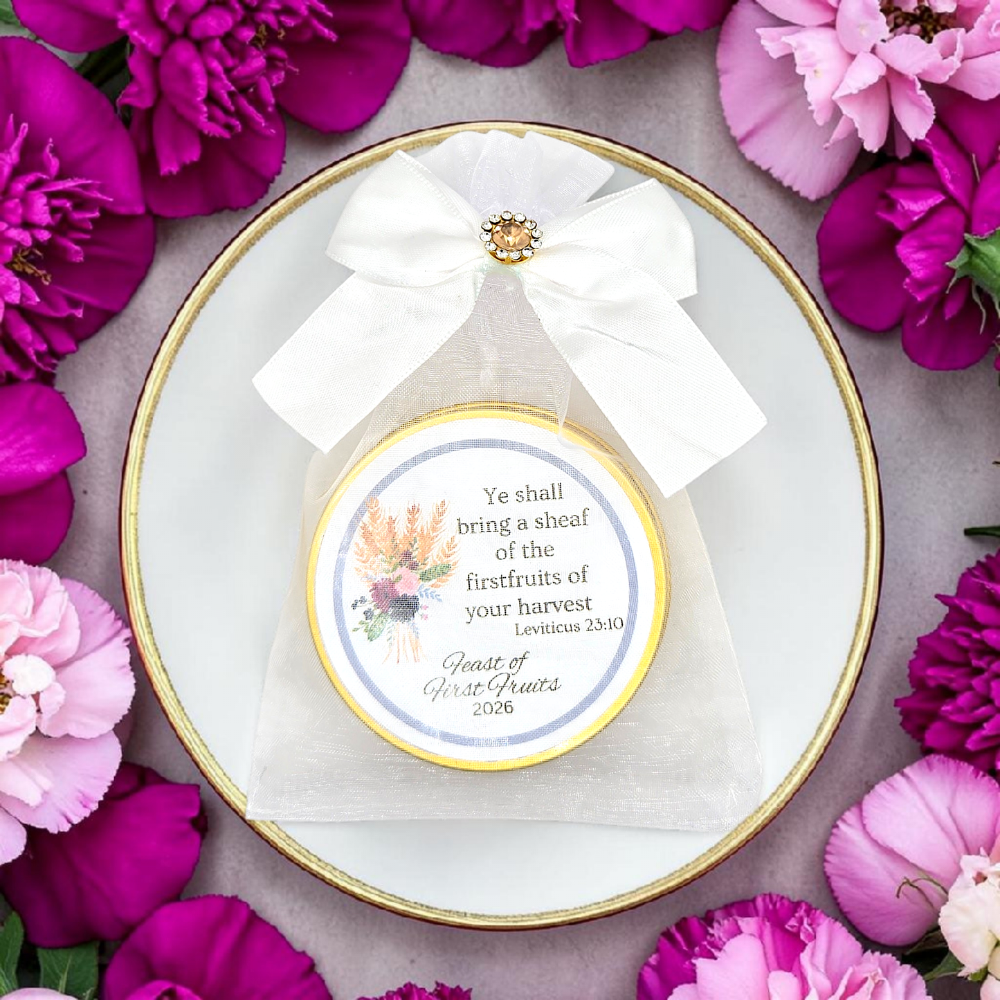 Feast of First Fruits: Scripture Verse Tea in Personalized Round Tins (Set of 10)