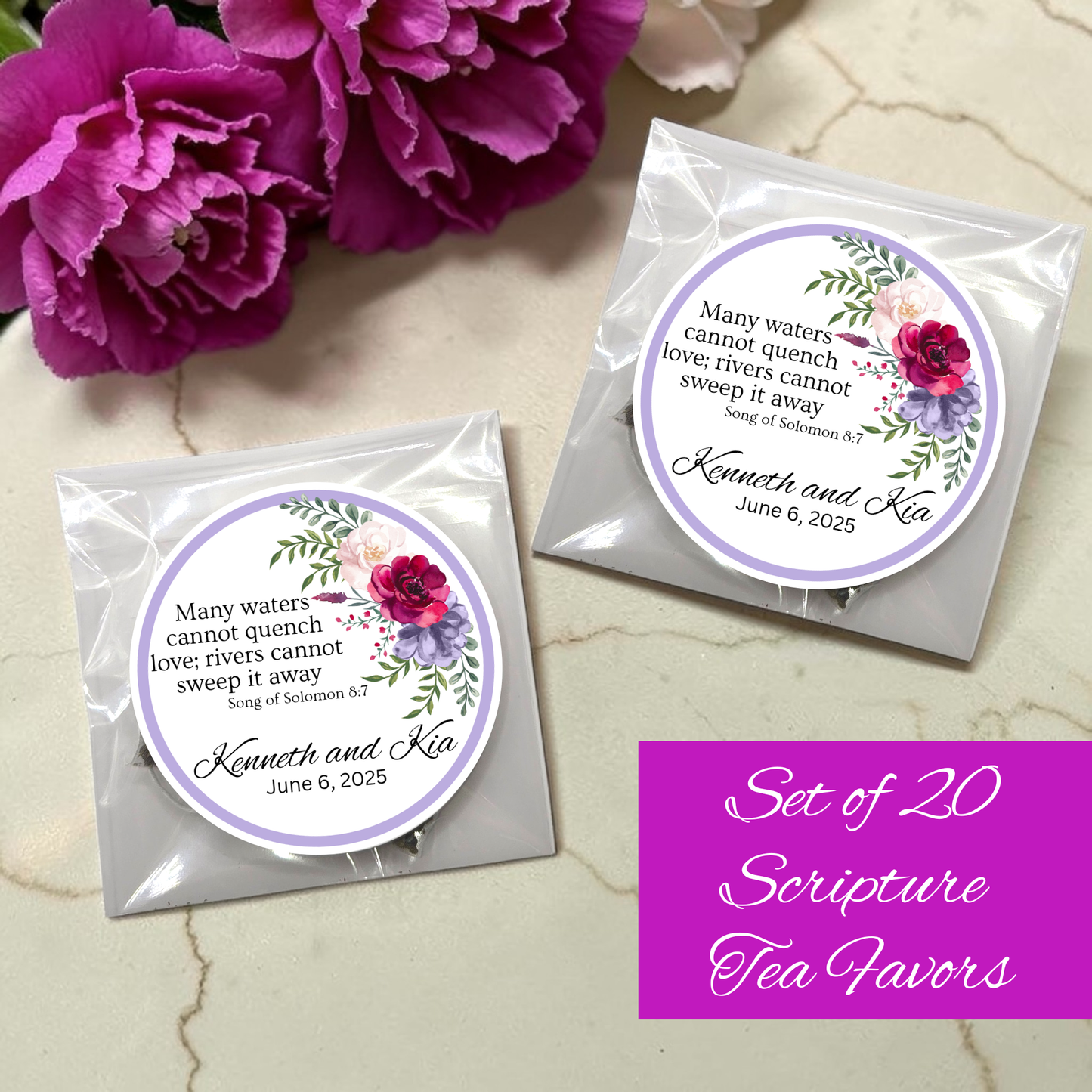 Right Floral Wedding Engagement Scripture Tea Bag Party Favor (Set of 20)