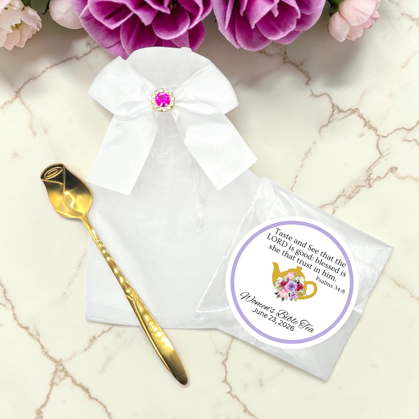 Rose Flower Teaspoon Favors with Scripture Tea (Set of 10)