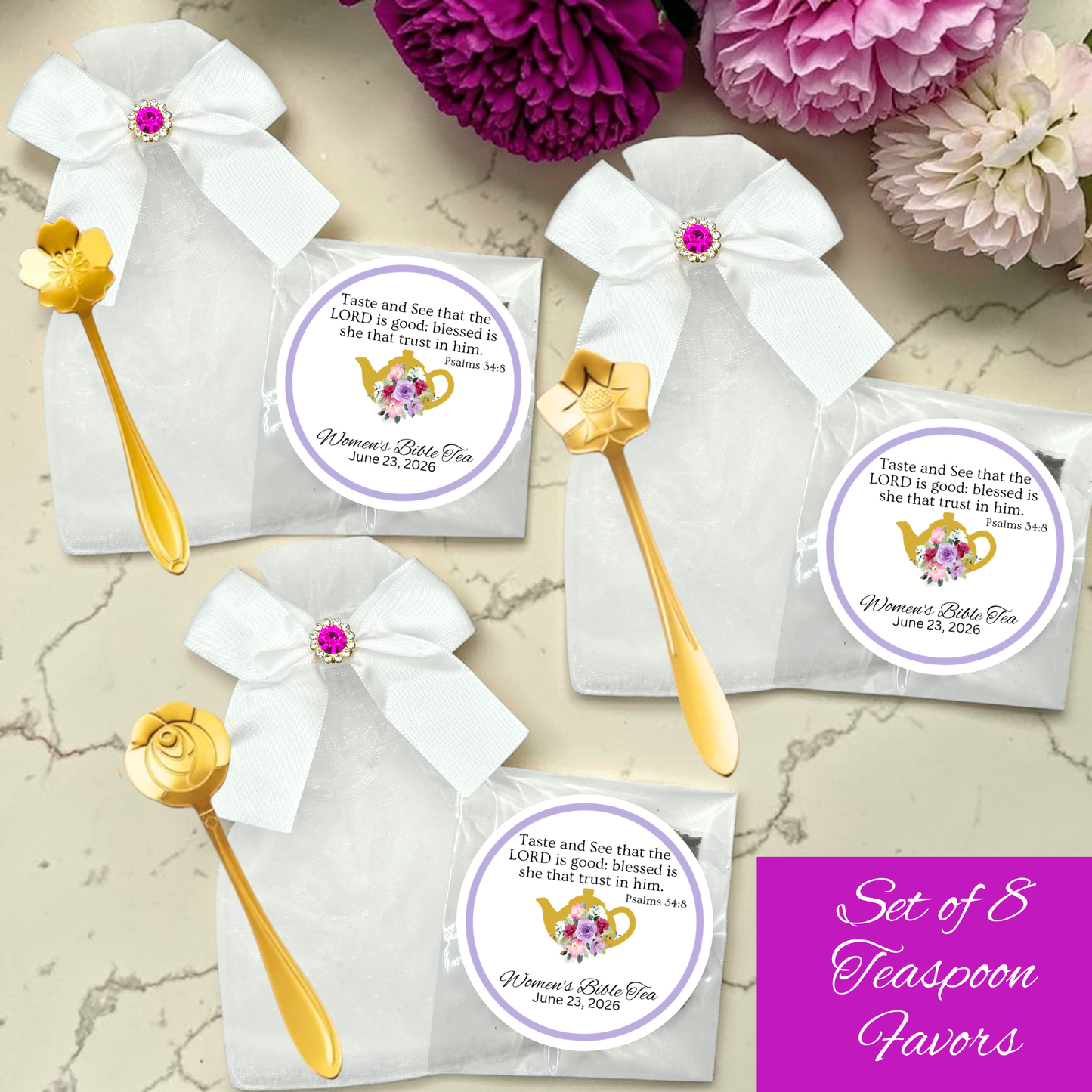 Flower Teaspoon Favors with Bible Tea (Set of 8)