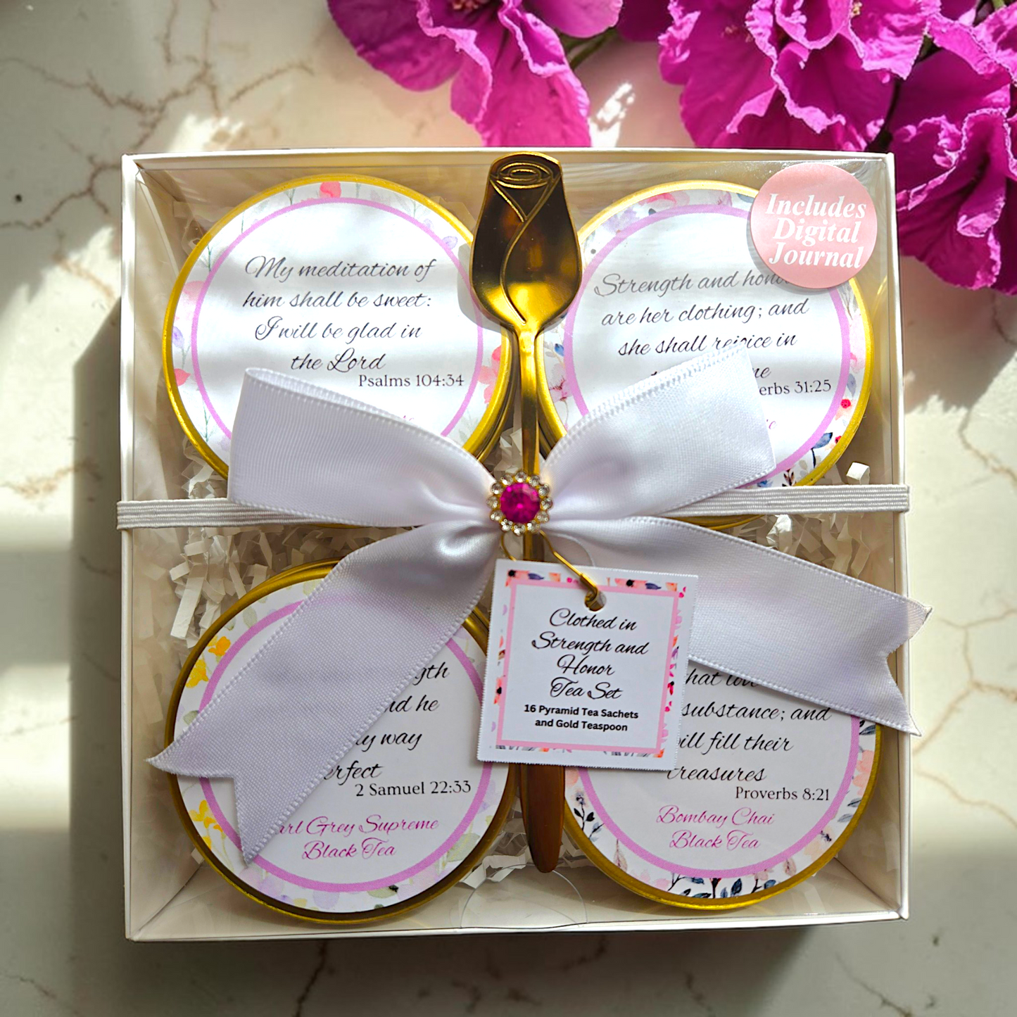 Clothed in Strength and Honor Black Tea Sampler Gift Set with Scripture Tea Bags