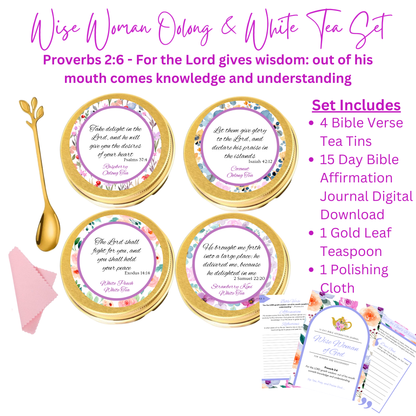 Wise Woman of God Oolong and White Tins of Tea Sampler Gift  with Bible Verses